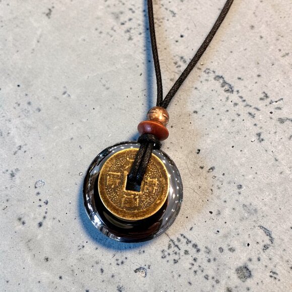 Hematite & Chinese Lucky Coin Pendant Necklace | Handmade - Picture 4 of 4